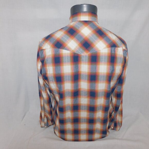 Roper Mens M Blue Cream Orange Plaid Snap Front Western Rodeo Shirt - Picture 9 of 12